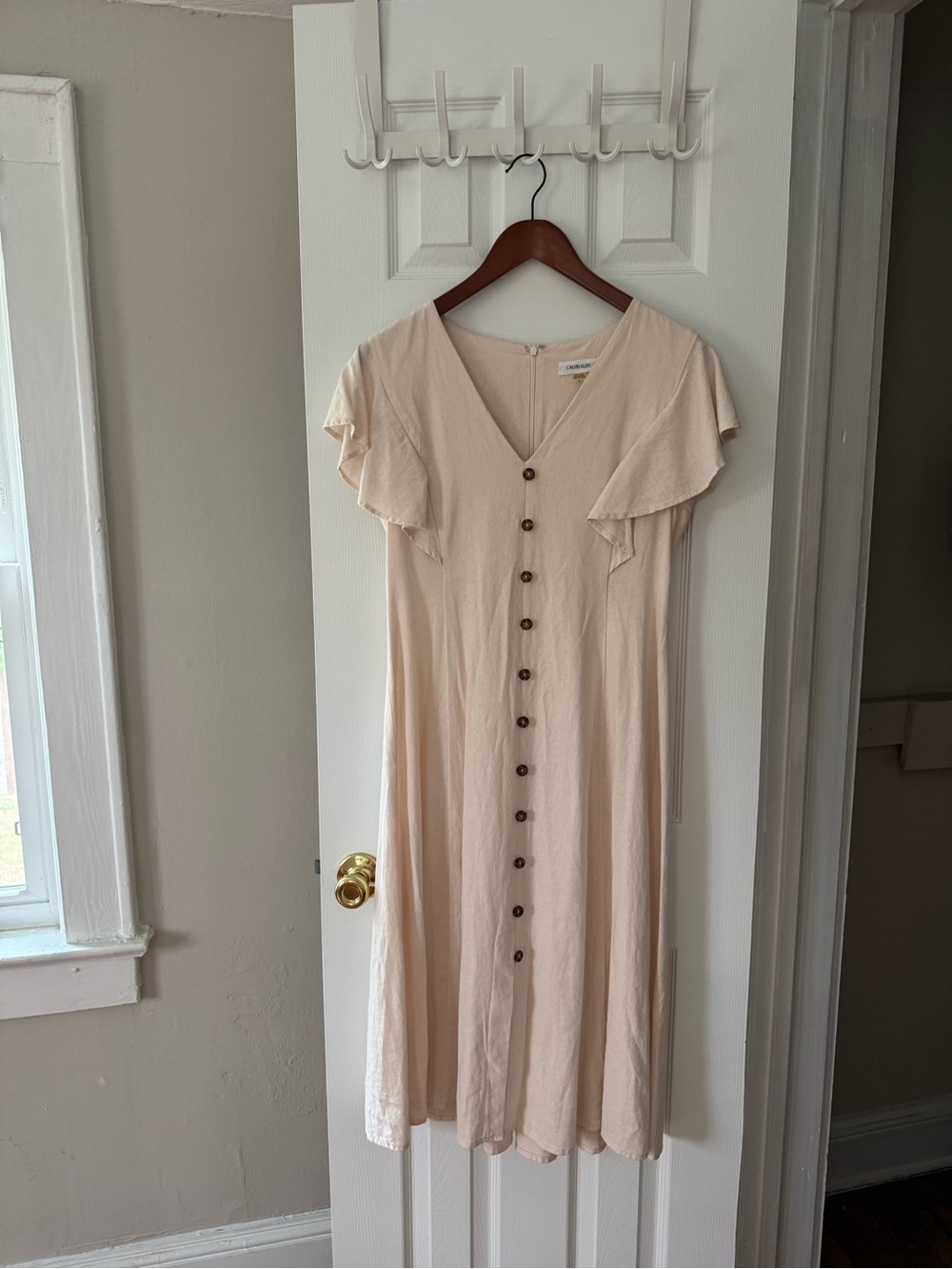 Calvin Klein Beige Button-Front Midi Dress with Flutter Sleeves